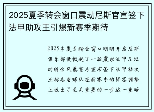 2025夏季转会窗口震动尼斯官宣签下法甲助攻王引爆新赛季期待 2025夏季转会窗口震动尼斯官宣签下法甲助攻王引爆新赛季期待