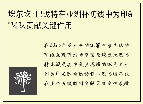 埃尔坎·巴戈特在亚洲杯防线中为印尼队贡献关键作用 埃尔坎·巴戈特在亚洲杯防线中为印尼队贡献关键作用